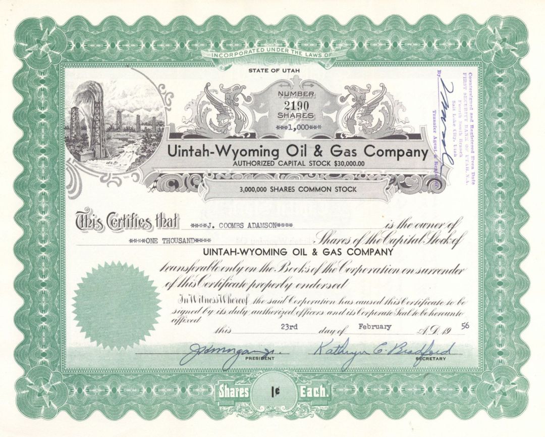 Uintah-Wyoming Oil and Gas Co. - 1956 dated Stock Certificate (Uncanceled)