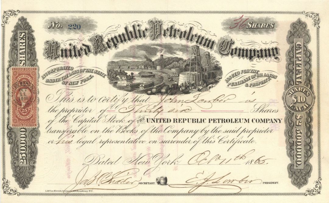United Republic Petroleum Co. - 1865 dated Stock Certificate (Uncanceled)
