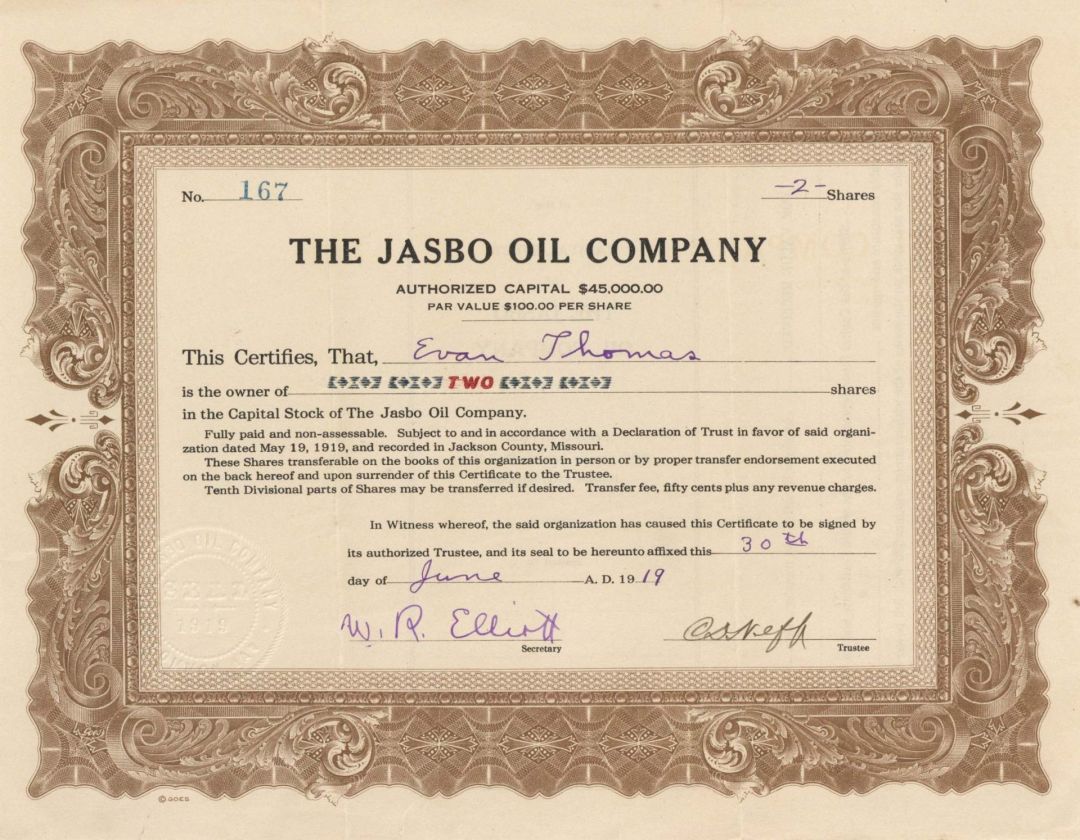 Jasbo Oil Co. -  1919 dated Stock Certificate