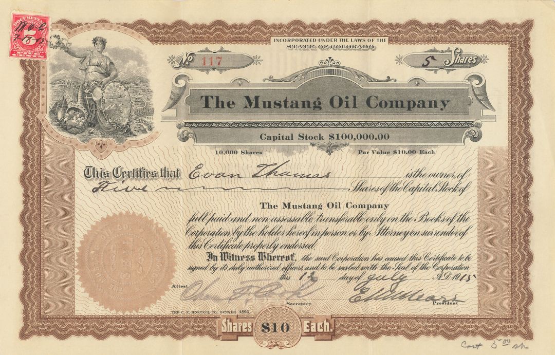Mustang Oil Co. -  1914-1917 dated Stock Certificate