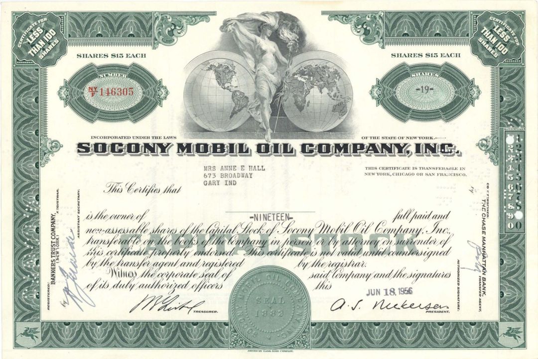 Socony Mobil Oil Co., Inc. - 1956-1965 dated Stock Certificate