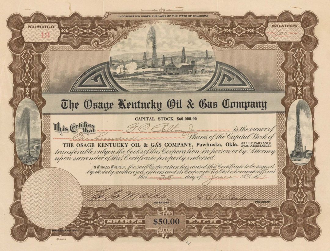 Osage Kentucky Oil & Gas Co.  - 1917 dated Stock Certificate