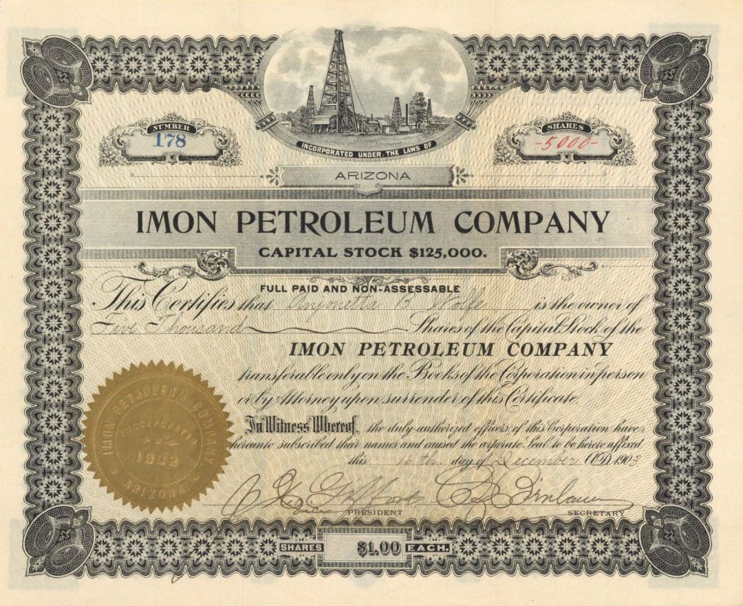 Imon Petroleum Co.  - 1903 dated Stock Certificate
