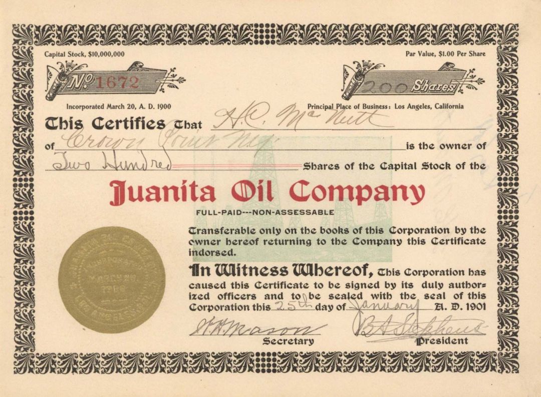 Juanita Oil Co.  - 1901 dated Stock Certificate
