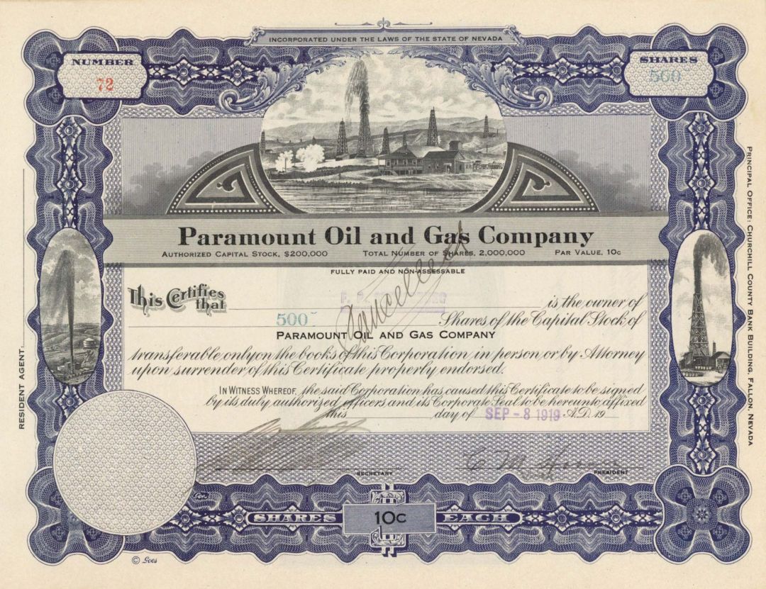 Paramount Oil and Gas Co.  - 1919 dated Stock Certificate
