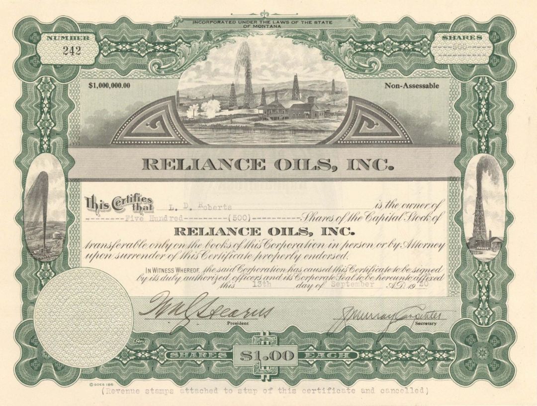 Reliance Oils, Inc.  - 1920 dated Stock Certificate