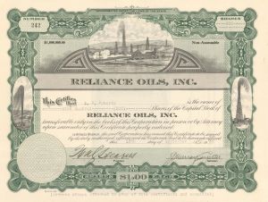 Reliance Oils, Inc. - 1920 dated Stock Certificate