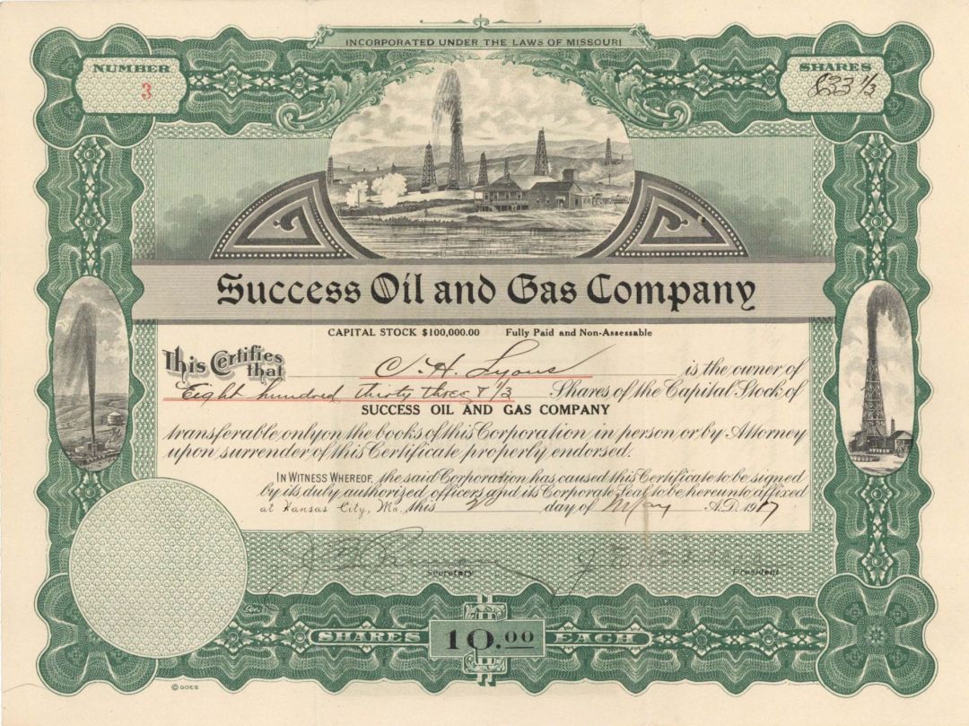 Success Oil and Gas Co.  - 1917 dated Stock Certificate