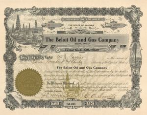 Beloit Oil and Gas Co.  - 1918 dated Stock Certificate