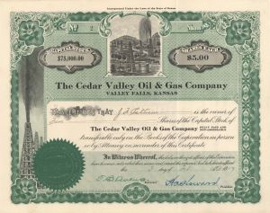 Cedar Valley Oil and Gas Co.  - 1917 dated Stock Certificate