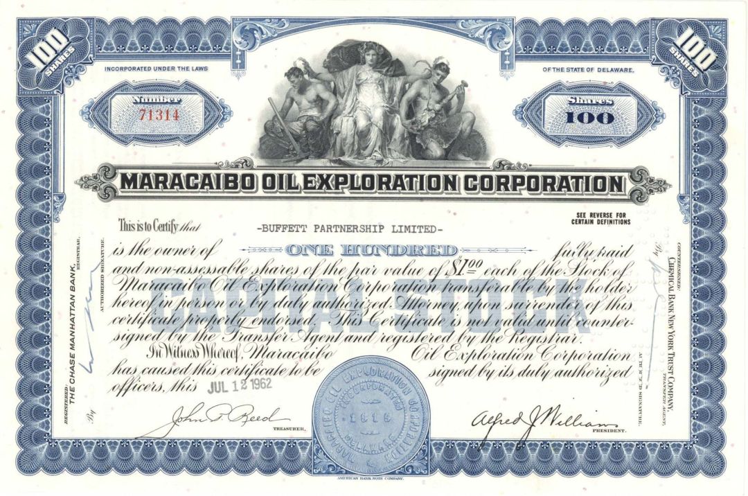 Maracaibo Oil Exploration Corp. Issued to Buffett Partnership Limited - 1962-1964 dated Oil Stock Certificate - Maracaibo Basin in Venezuala