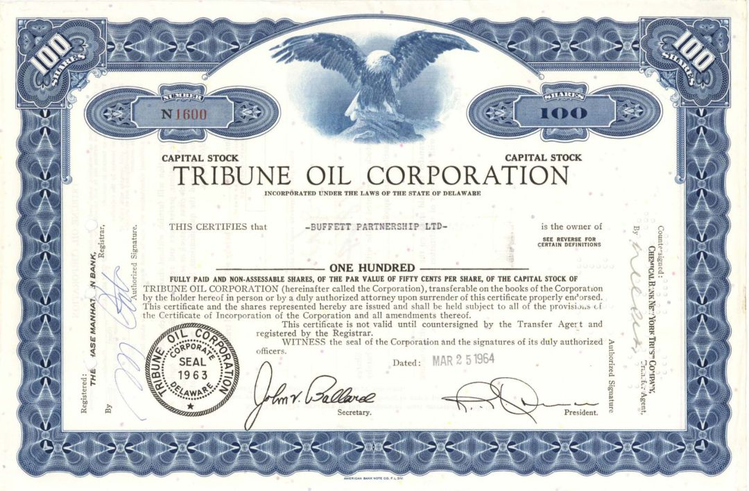Tribune Oil Corp. Issued to Buffett Partnership Ltd - 1964 dated Oil Stock Certificate