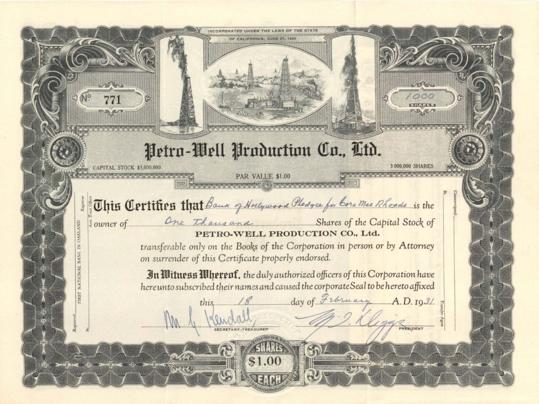 Petro-Well Production Co., Ltd. - 1931 dated Stock Certificate