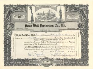 Petro-Well Production Co., Ltd. - 1931 dated Stock Certificate