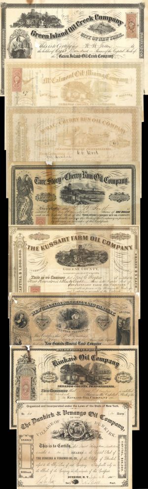 Lot of 8 Different Oil Stocks - 1850's-1860's dated Stock Certificates