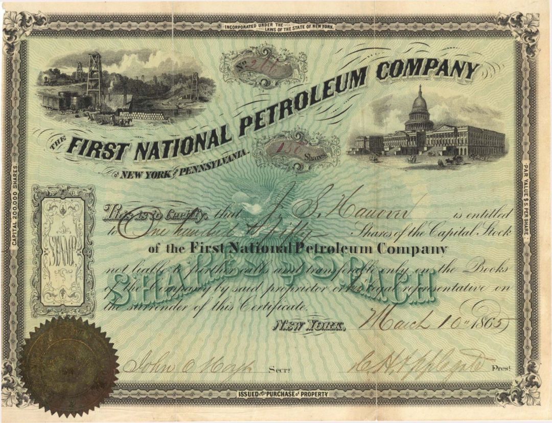 First National Petroleum Co. - 1865 dated Stock Certificates