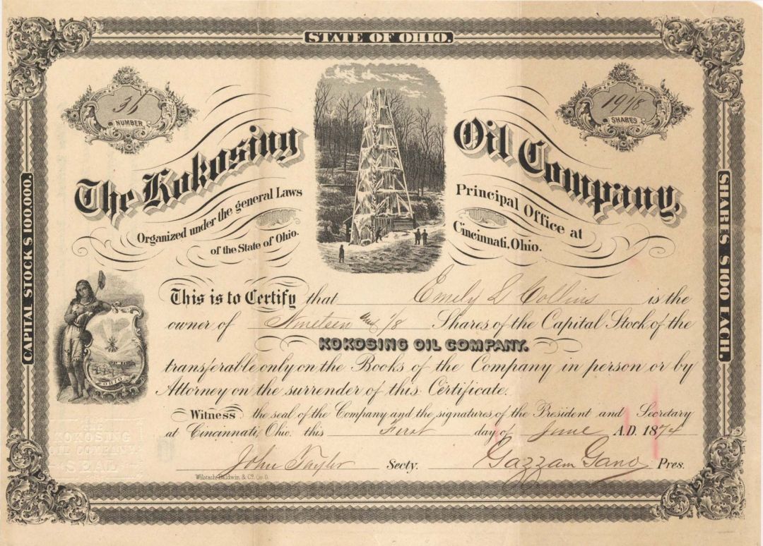 Kokosing Oil Co. - 1874 dated Stock Certificates