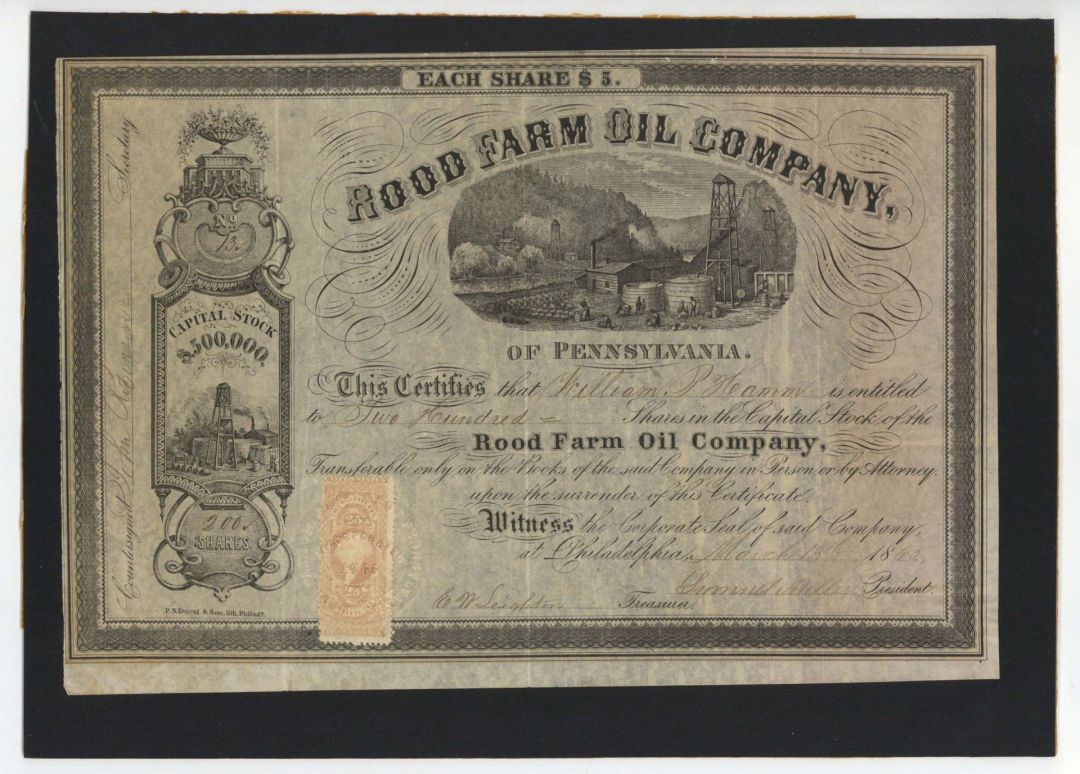 Rood Farm Oil Co. of Pennsylvania - 1865 dated Stock Certificates