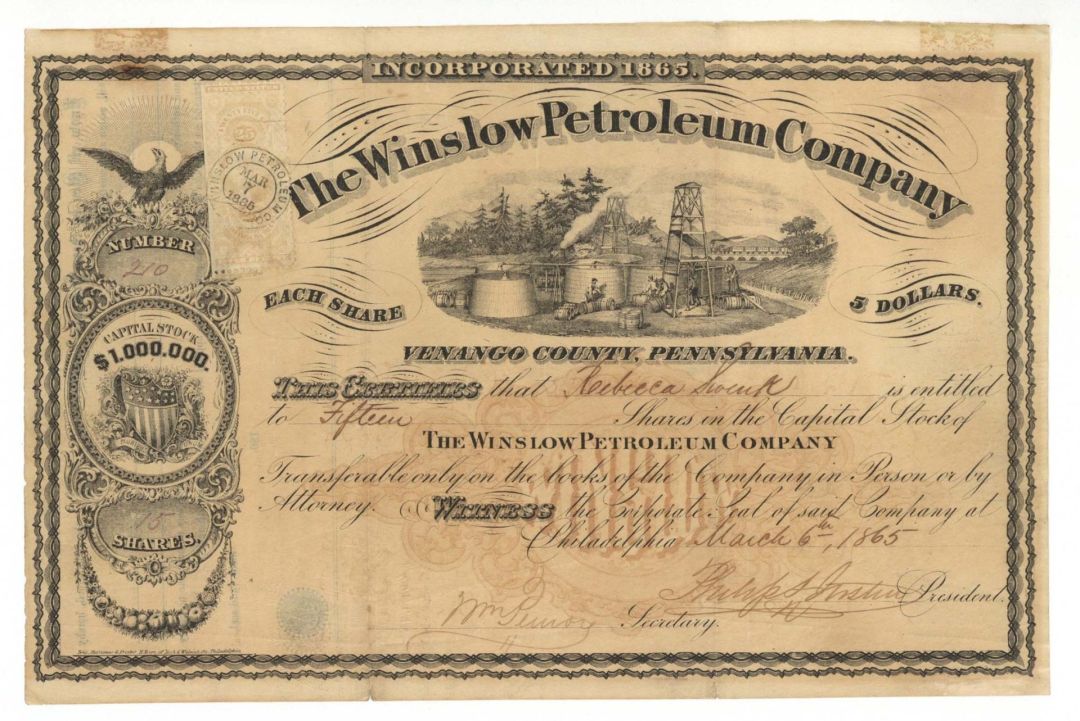 Winslow Petroleum Co. - 1865 dated Stock Certificates