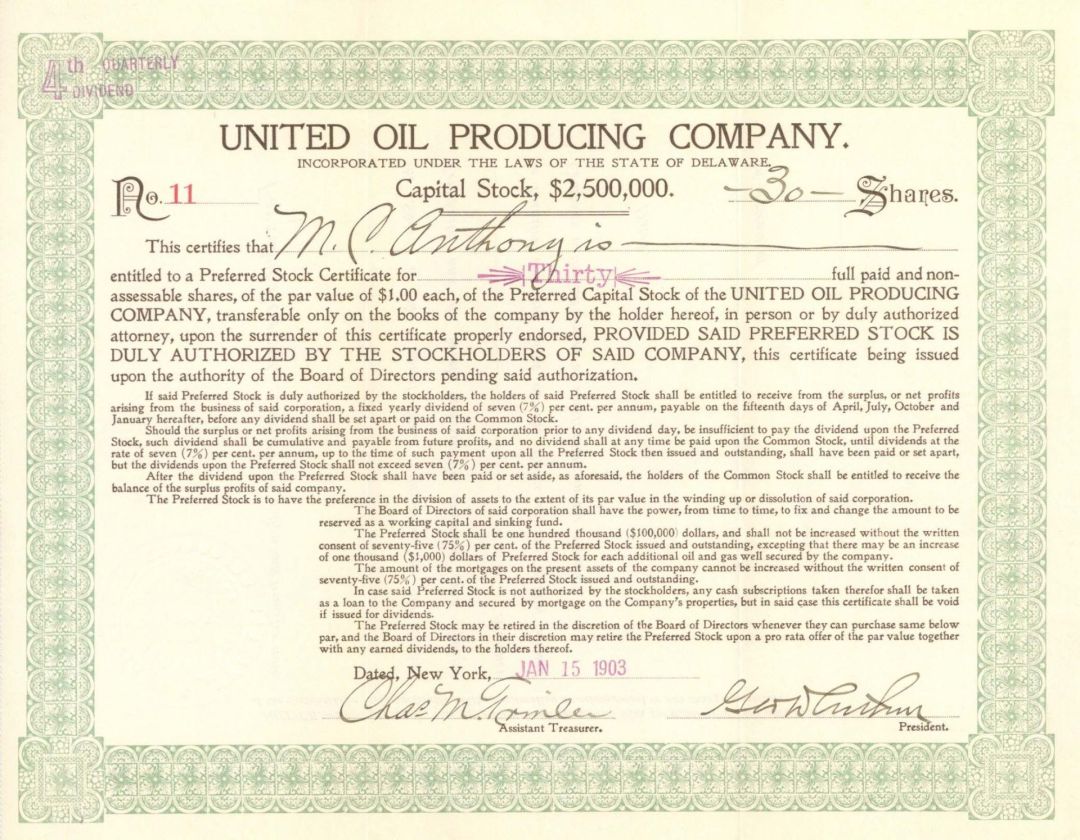 United Oil Producing Company - 1903 dated Stock Certificate