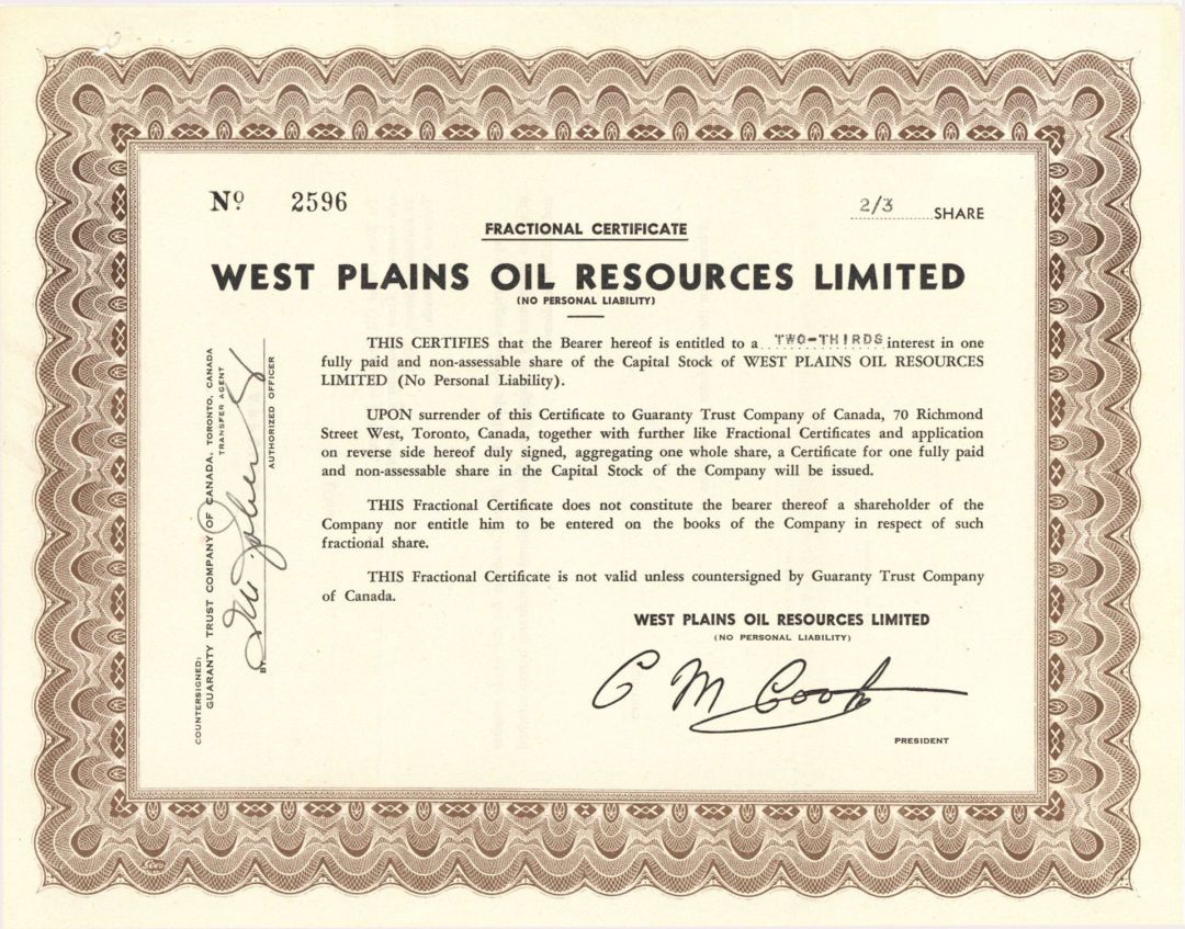 West Plains Oil Resources Limited -  Stock Certificate