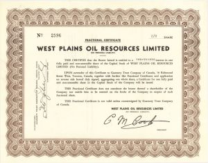 West Plains Oil Resources Limited - Stock Certificate