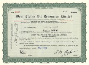 West Plains Oil Resources Limited - 1952 dated Stock Certificate