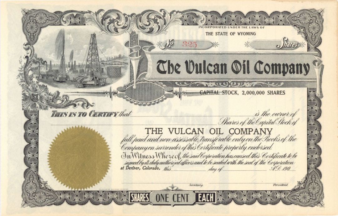 Vulcan Oil Co. -  Unissued Stock Certificate