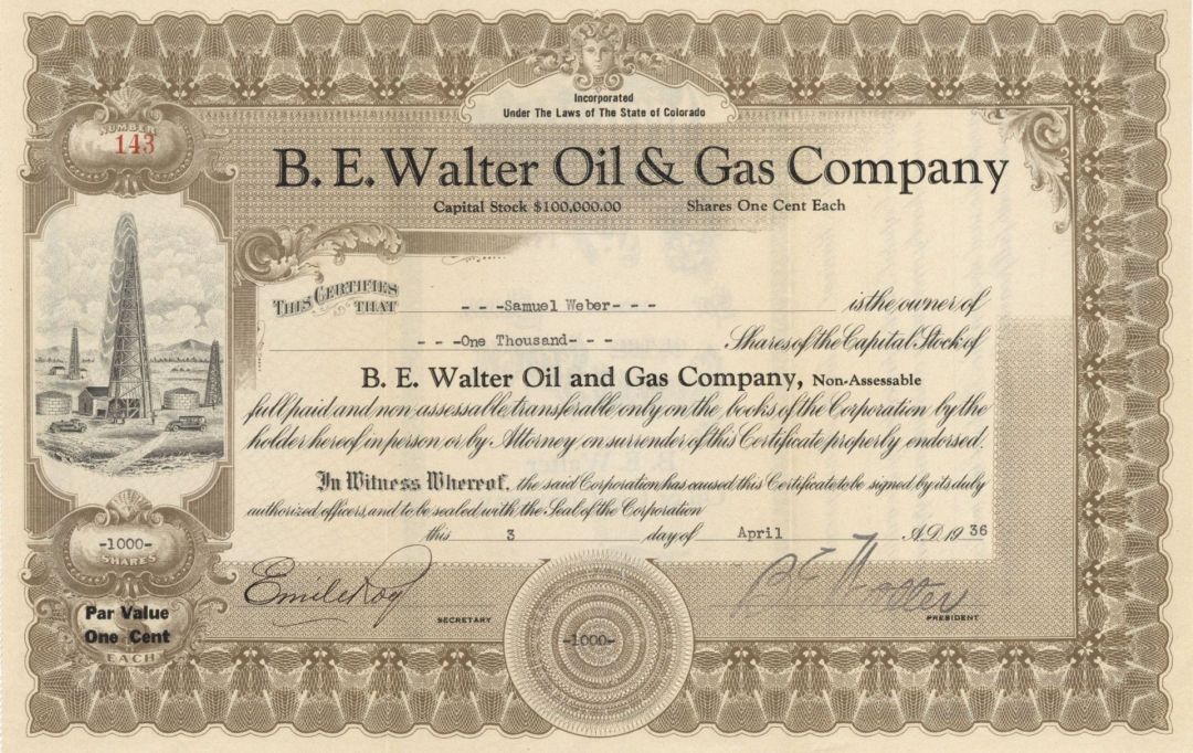B. E. Walter Oil and Gas Co. - 1936 dated Stock Certificate