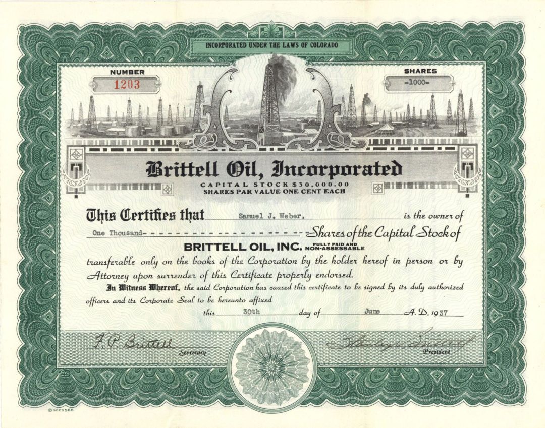 Brittell Oil, Inc. - 1937 dated Stock Certificate