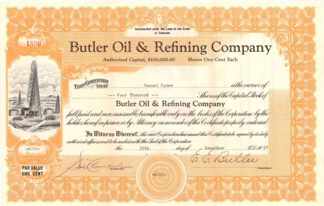Butler Oil and Refining Co. - 1937 dated Stock Certificate