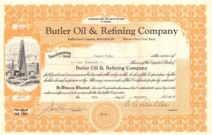 Butler Oil and Refining Co. - 1937 dated Stock Certificate