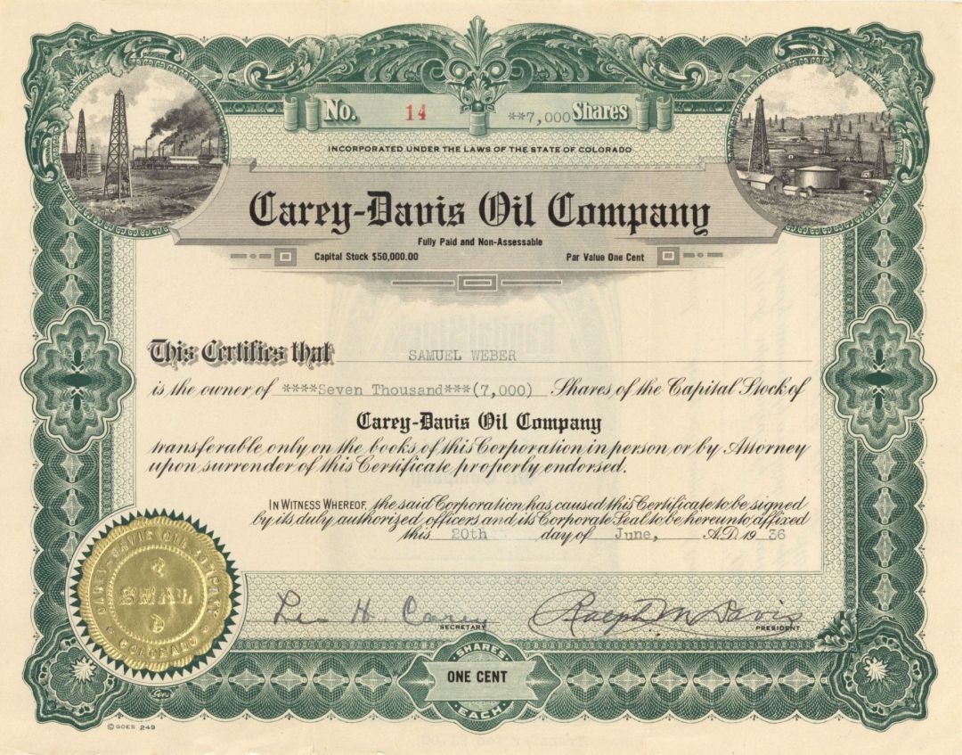 Carey-Davis Oil Co. - 1936 dated Stock Certificate