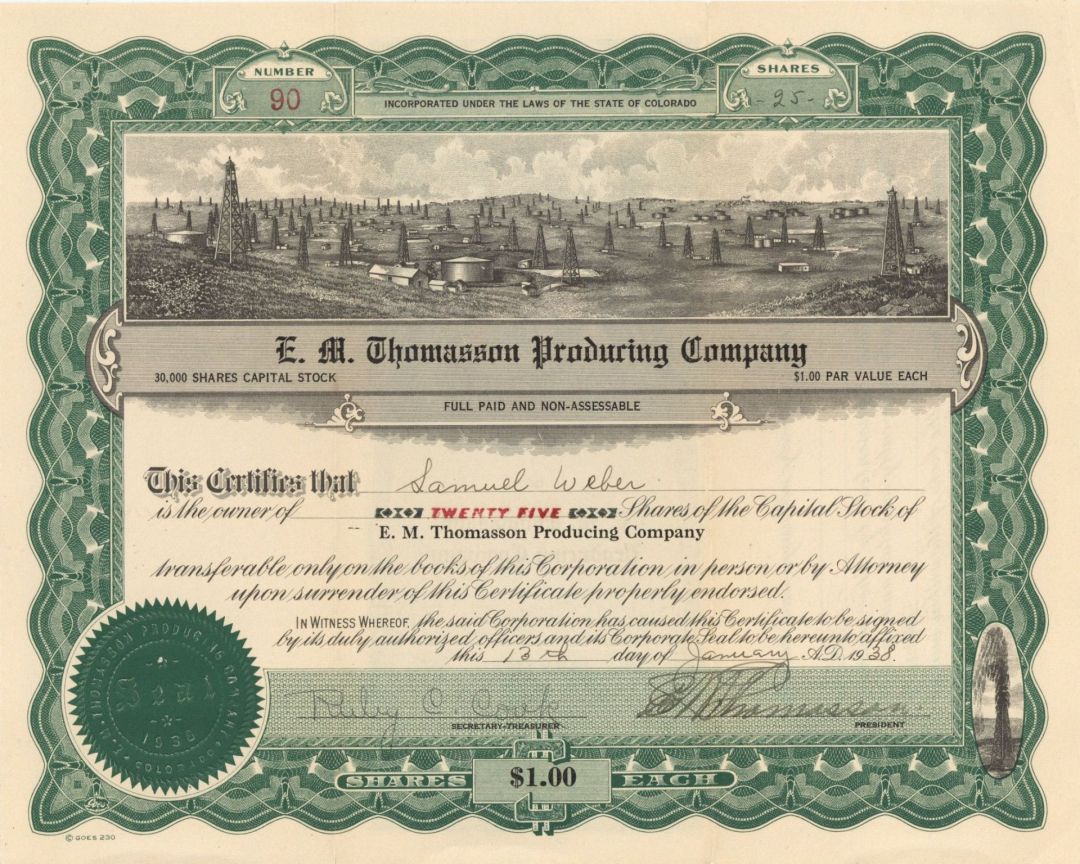 E. M. Thomasson Producing Co. - 1938 dated Stock Certificate