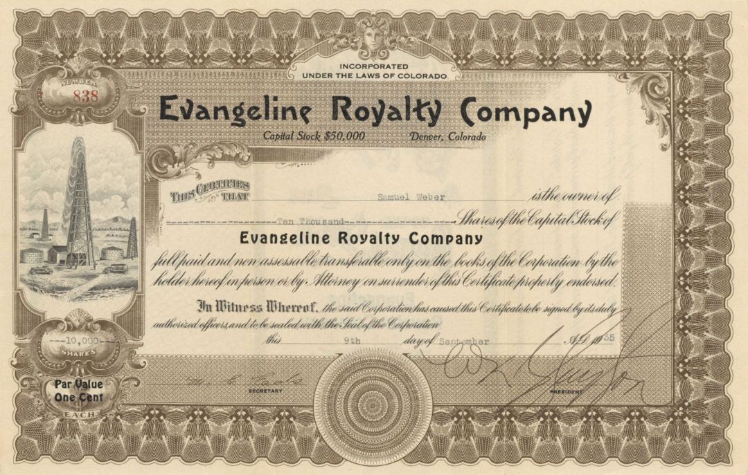 Evangeline Royalty Co. - 1935 dated Stock Certificate