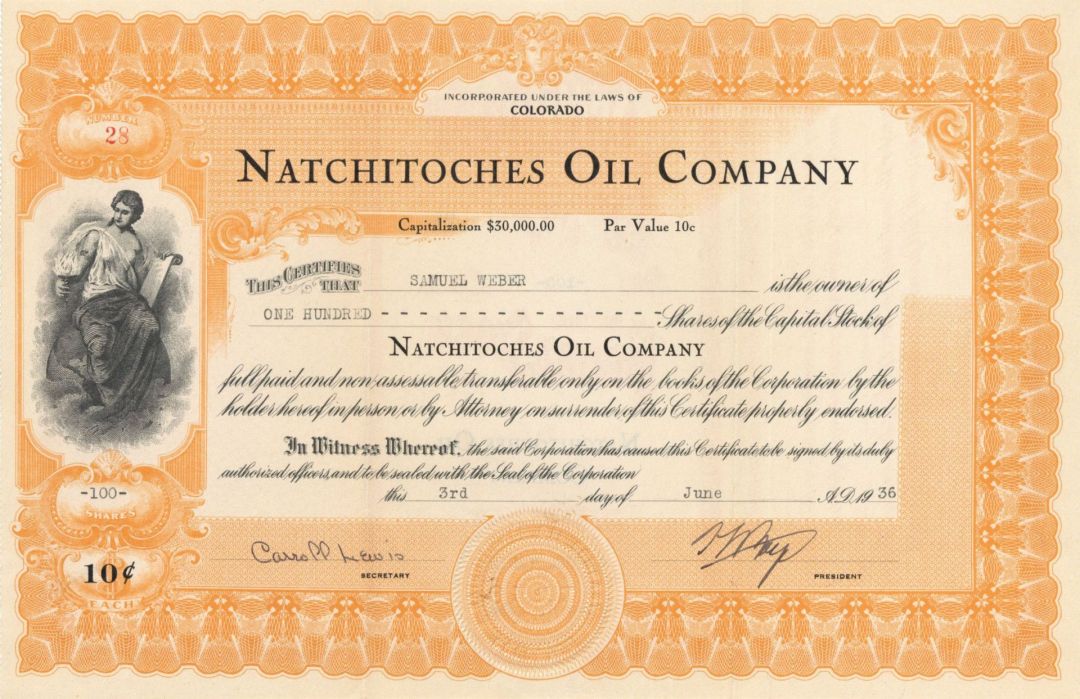 Natchitoches Oil Co. - 1936 dated Stock Certificate