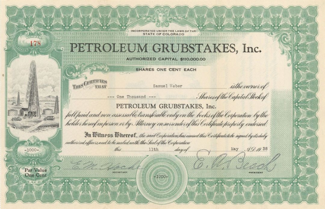 Petroleum Grubstakes, Inc. - 1938 dated Stock Certificate