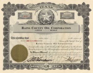 Rains County Oil Corp. - 1931 dated Stock Certificate