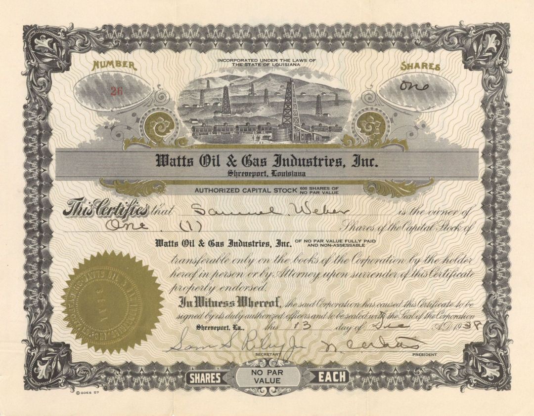 Watts Oil and Gas Industries, Inc. - 1938 dated Stock Certificate