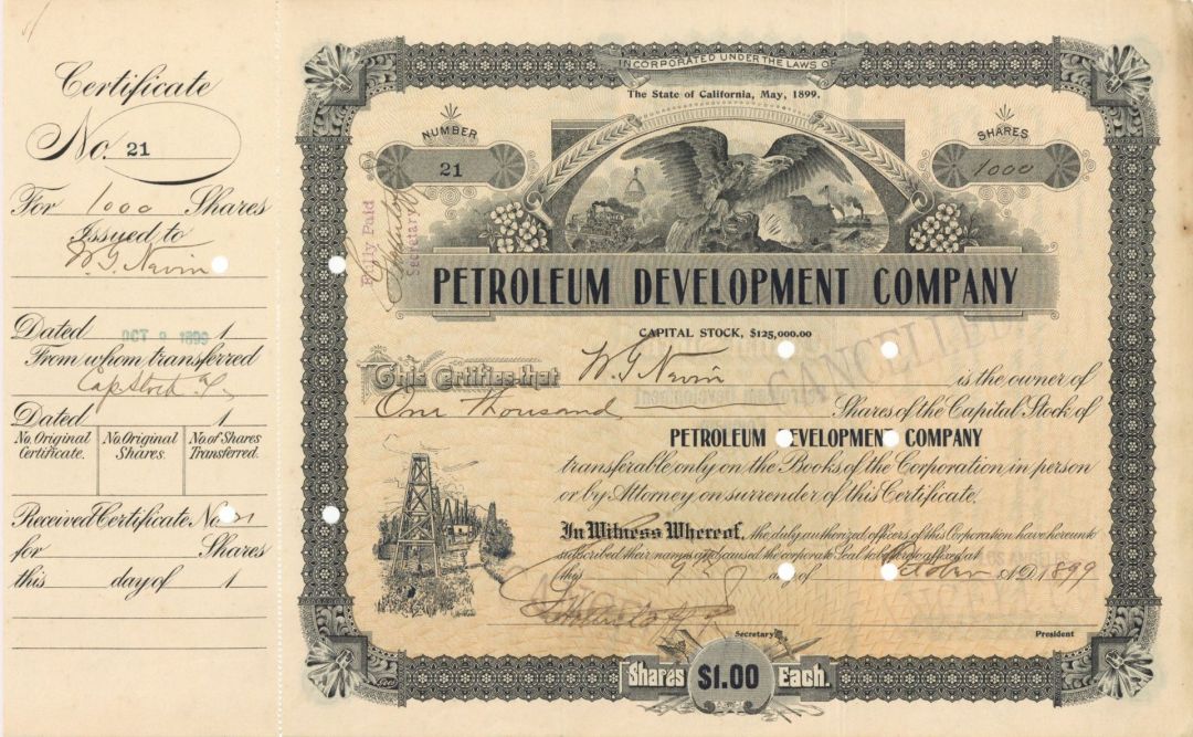 Petroleum Development Co. not fully issued or signed by Edward Doheny - 1899 dated Stock Certificate