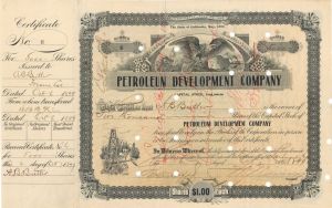 Petroleum Development Co. not signed by president Edward Doheny - 1899-1920 dated Stock Certificate