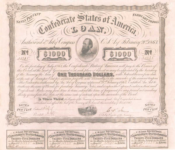 Confederate $1,000 Bond with portrait of 