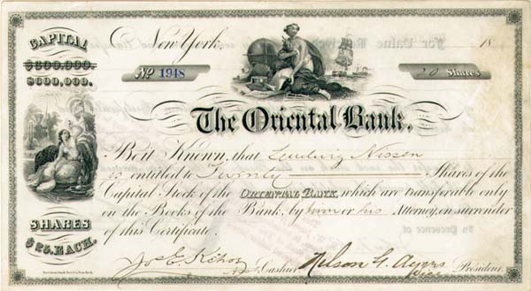 Oriental Bank - Stock Certificate