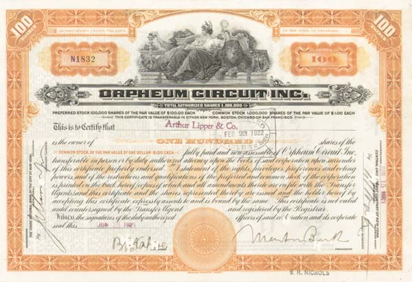 Orpheum Circuit Inc. - Stock Certificate