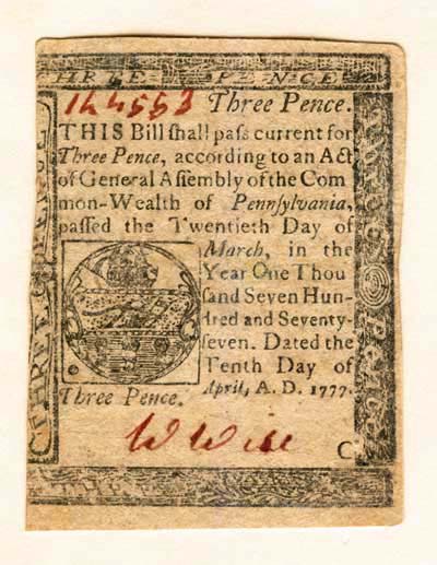 Pennsylvania, 3 Pence, April 10, 1777 - American Colonial Paper Money