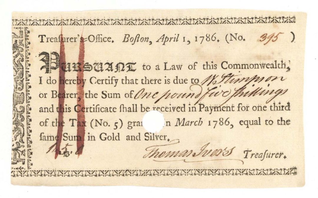 1 Pound, 5 Shilling - 1786 Dated Treasurer's Office Note signed by Thomas Ivers, Treasurer of Massachusetts - Colonial Paper Money