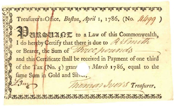 1786 Dated Treasurer's Office Note signed by Thomas Ivers, Treasurer of Massachusetts - Paper Money