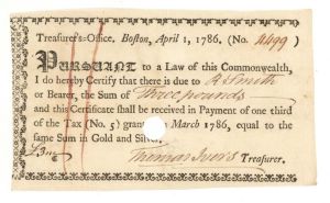 1786 Dated Treasurer's Office Note signed by Thomas Ivers, Treasurer of Massachusetts - Paper Money