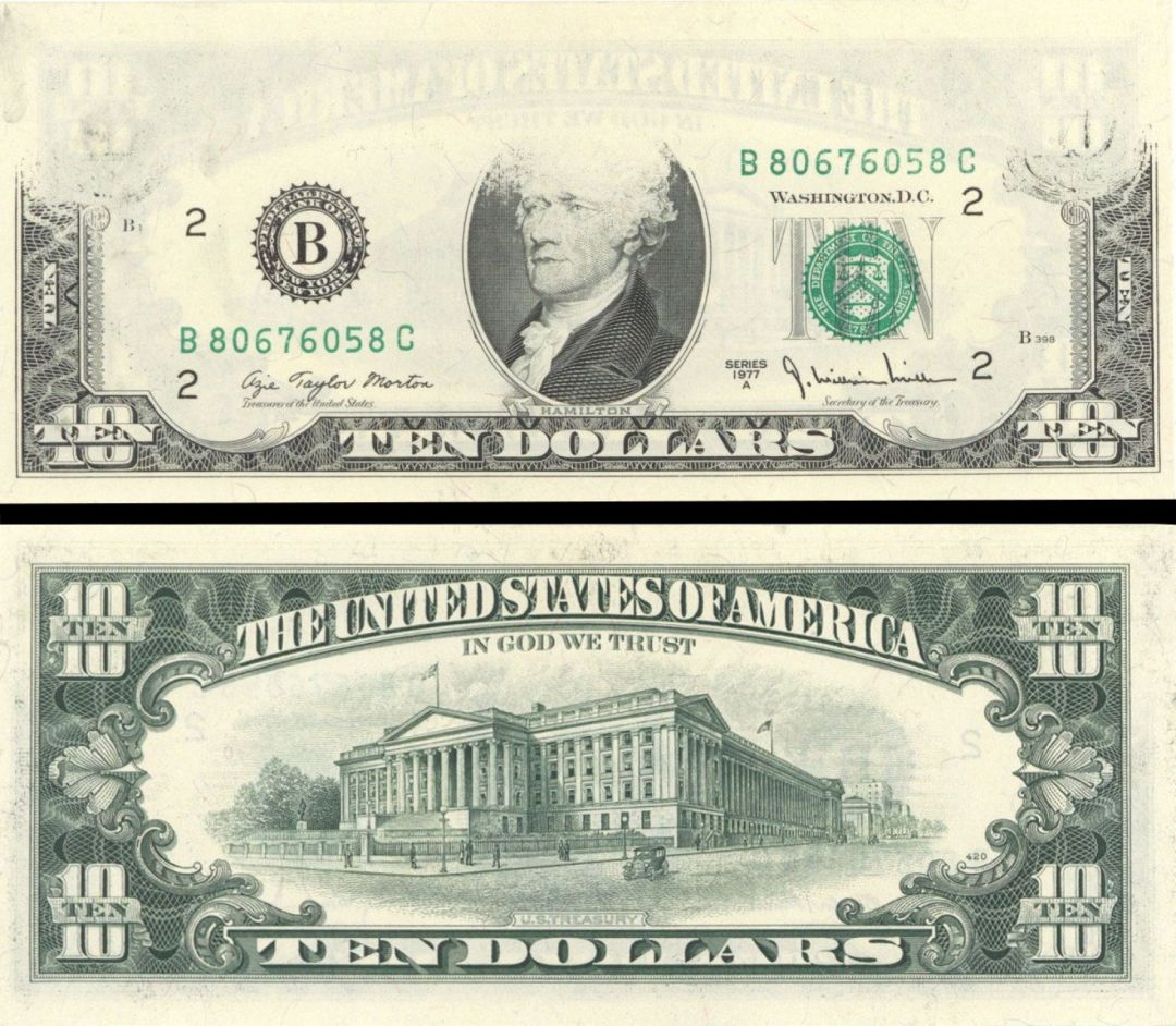 $10 Underinking of 2nd Printing - New York District - 1977A dated Paper Money Error