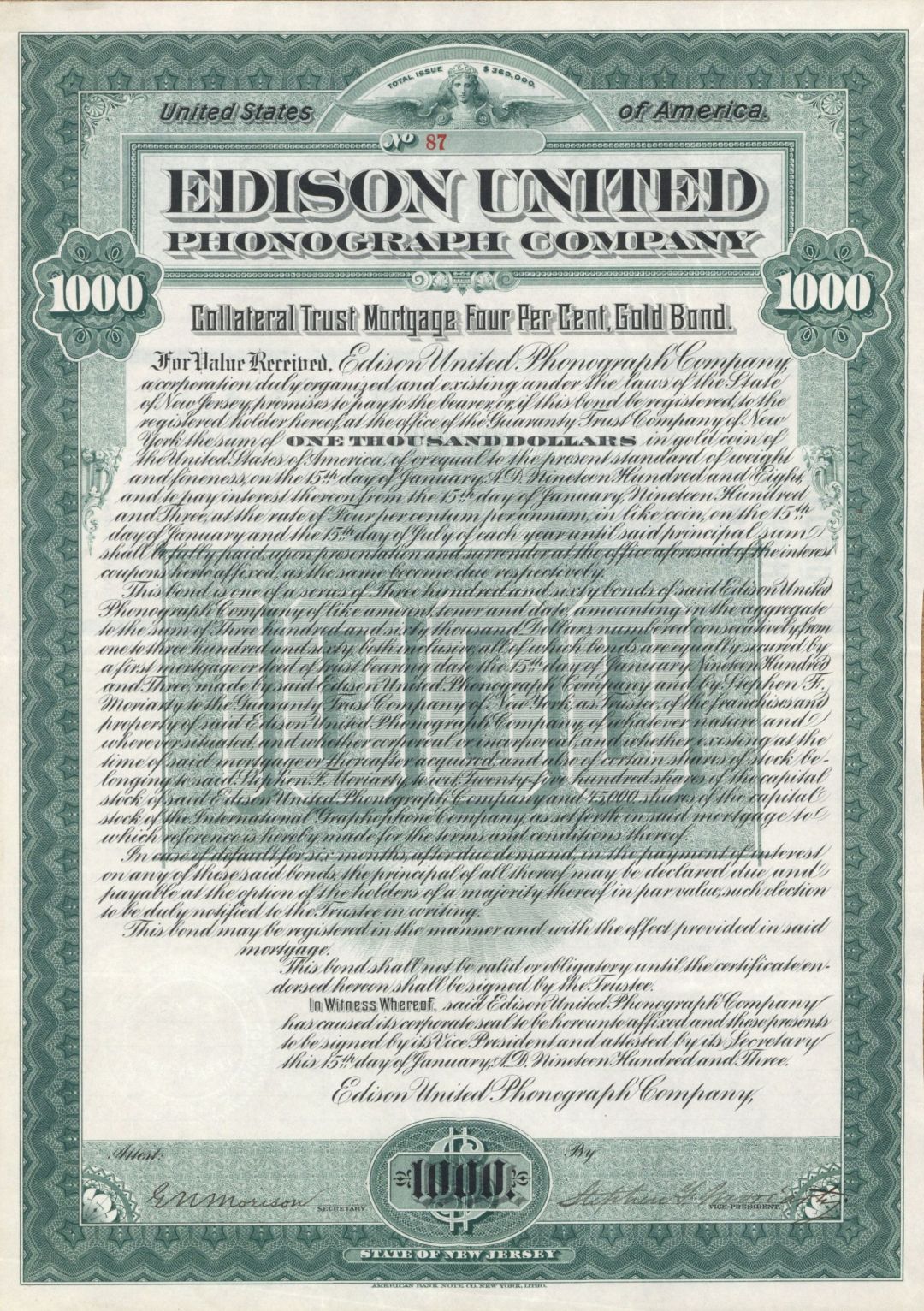 Edison United Phongraph Co. (Uncanceled) - $1,000 Bond